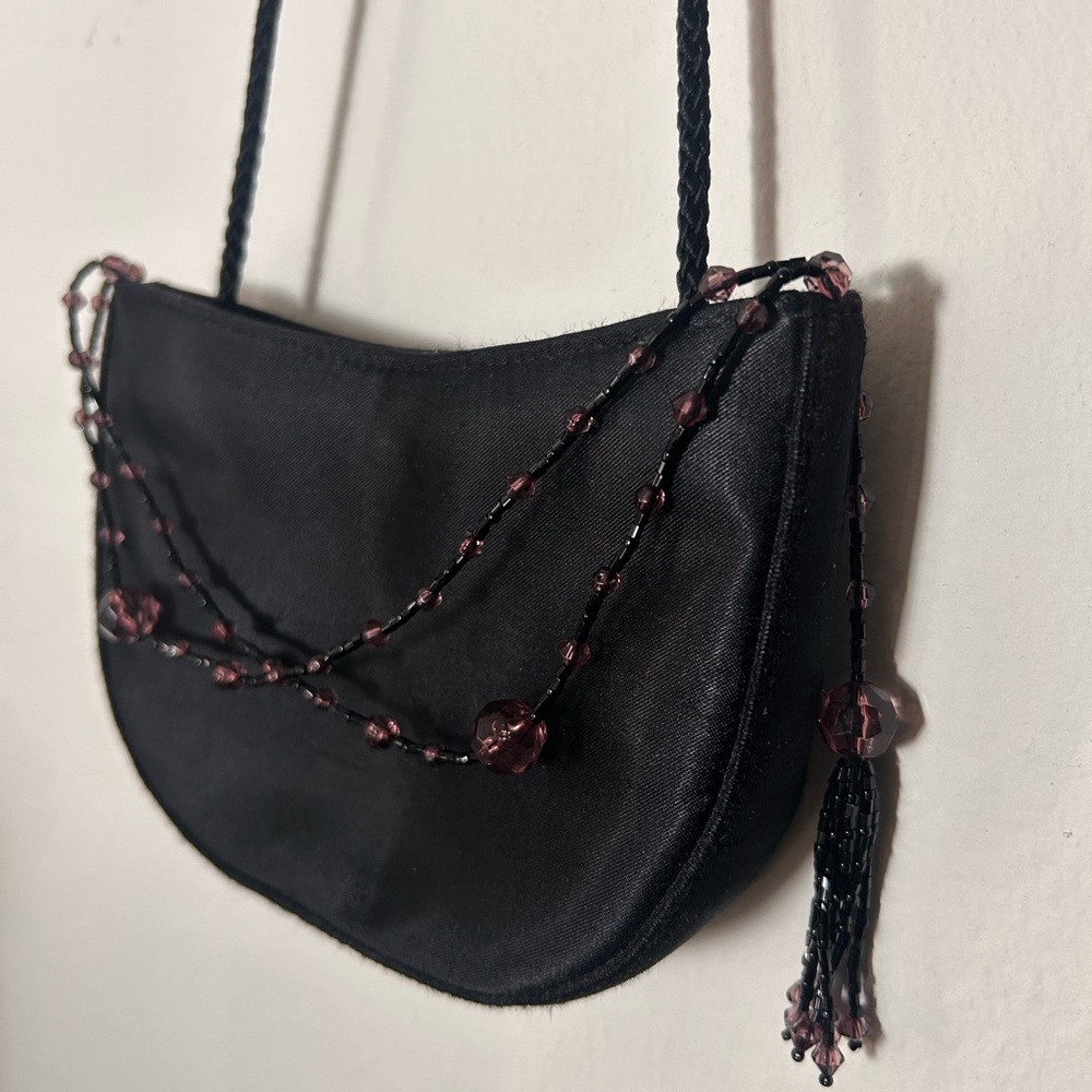 Black Satin Crescent Crossbody Bag | Lavender Beaded Witchy Y2K Vintage 90’s